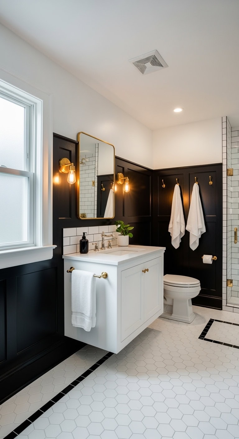 sophisticated black wainscoting chic bathroom design