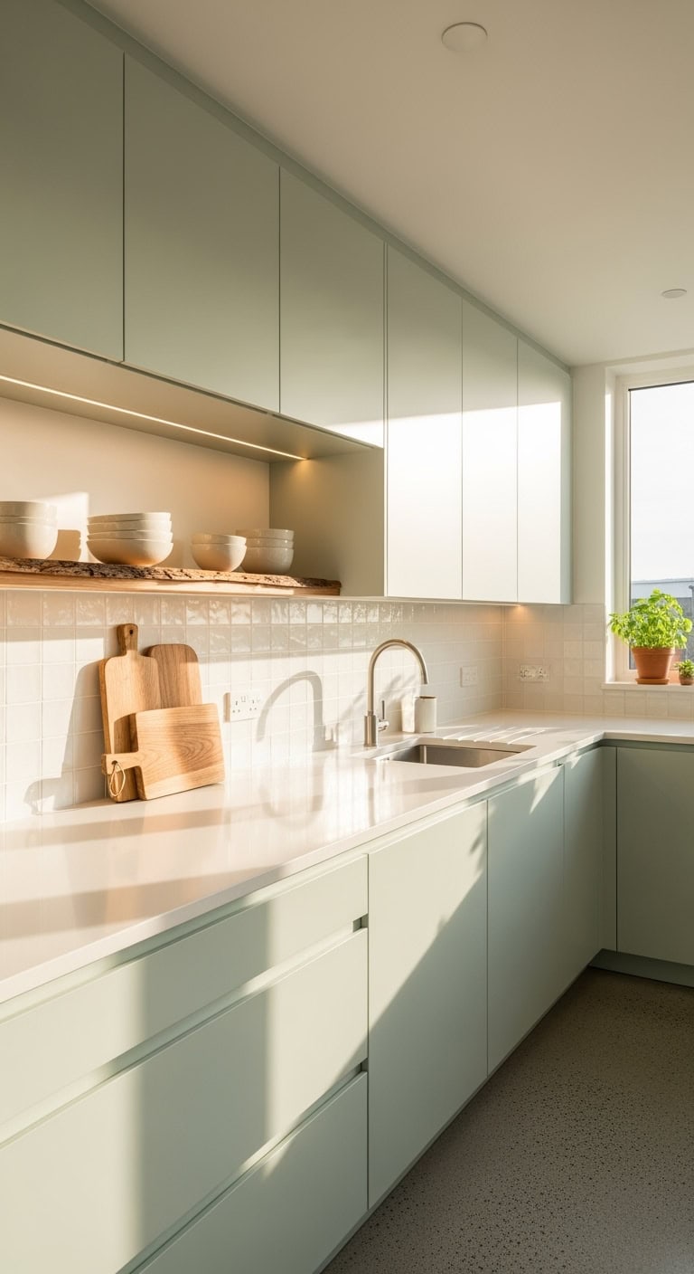 zen minimalist pistachio kitchen