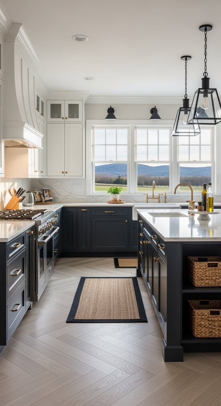 two toned quartz herringbone kitchen