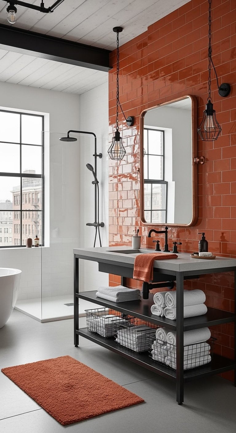 industrial burnt orange bathroom vibe