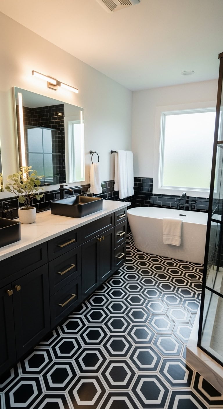 striking black geometric bathroom flooring
