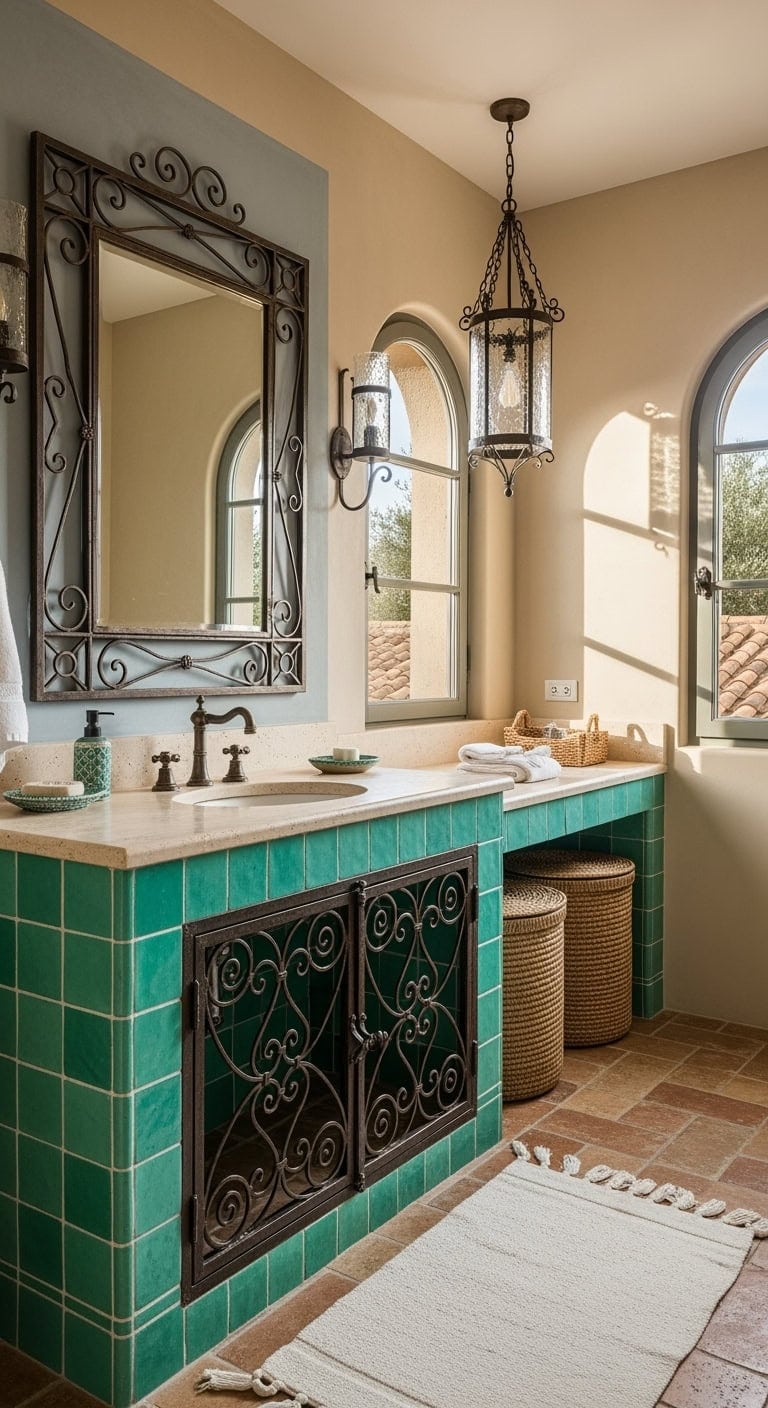 turquoise tile vanity with iron