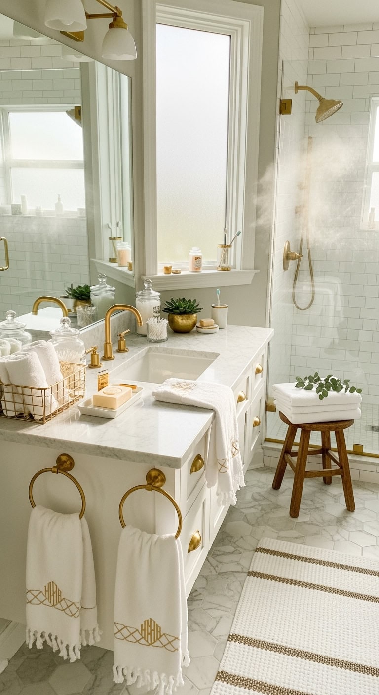 harmonious metallic accented bathroom linens