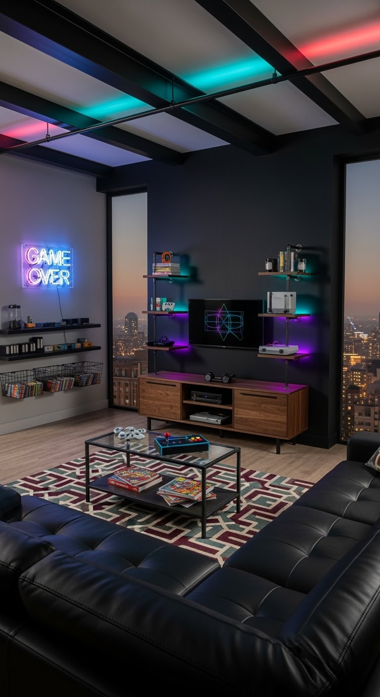 neon accented retro gaming lounge