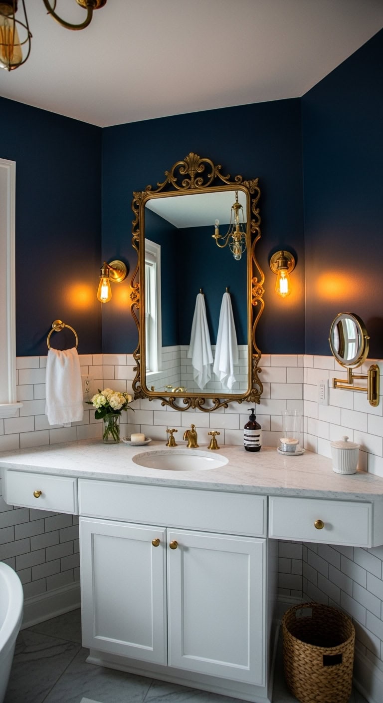 luxurious navy bathroom oasis created