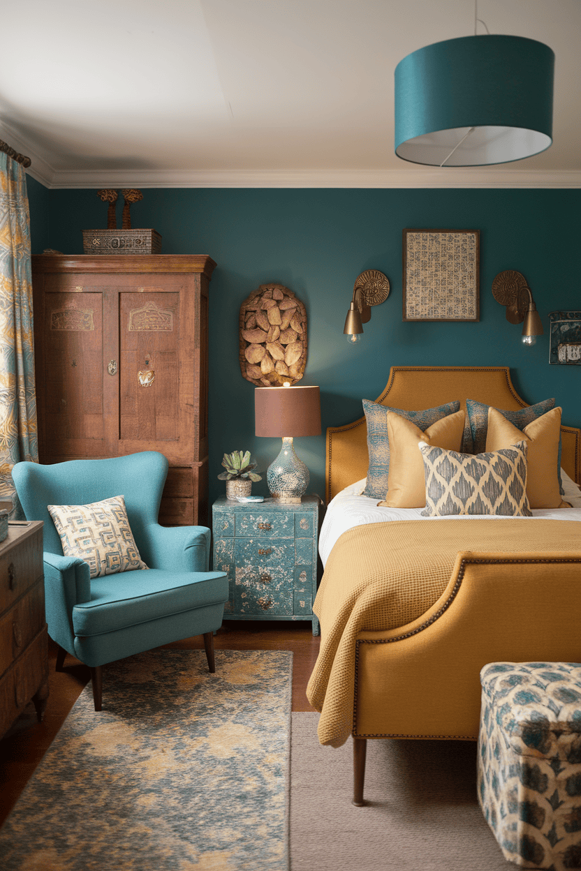 A stylish bedroom featuring a mustard and teal color palette with cozy furniture.