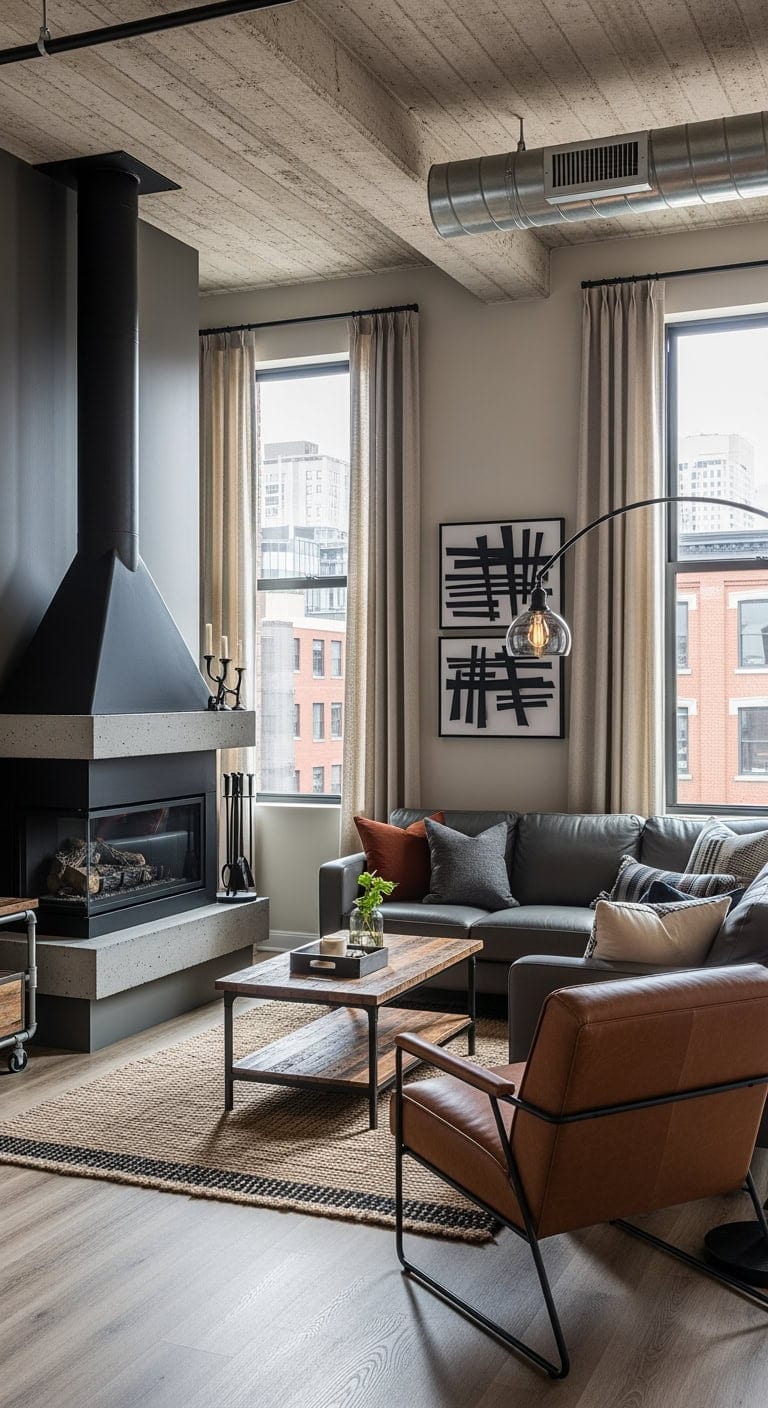 exposed black steel fireplace