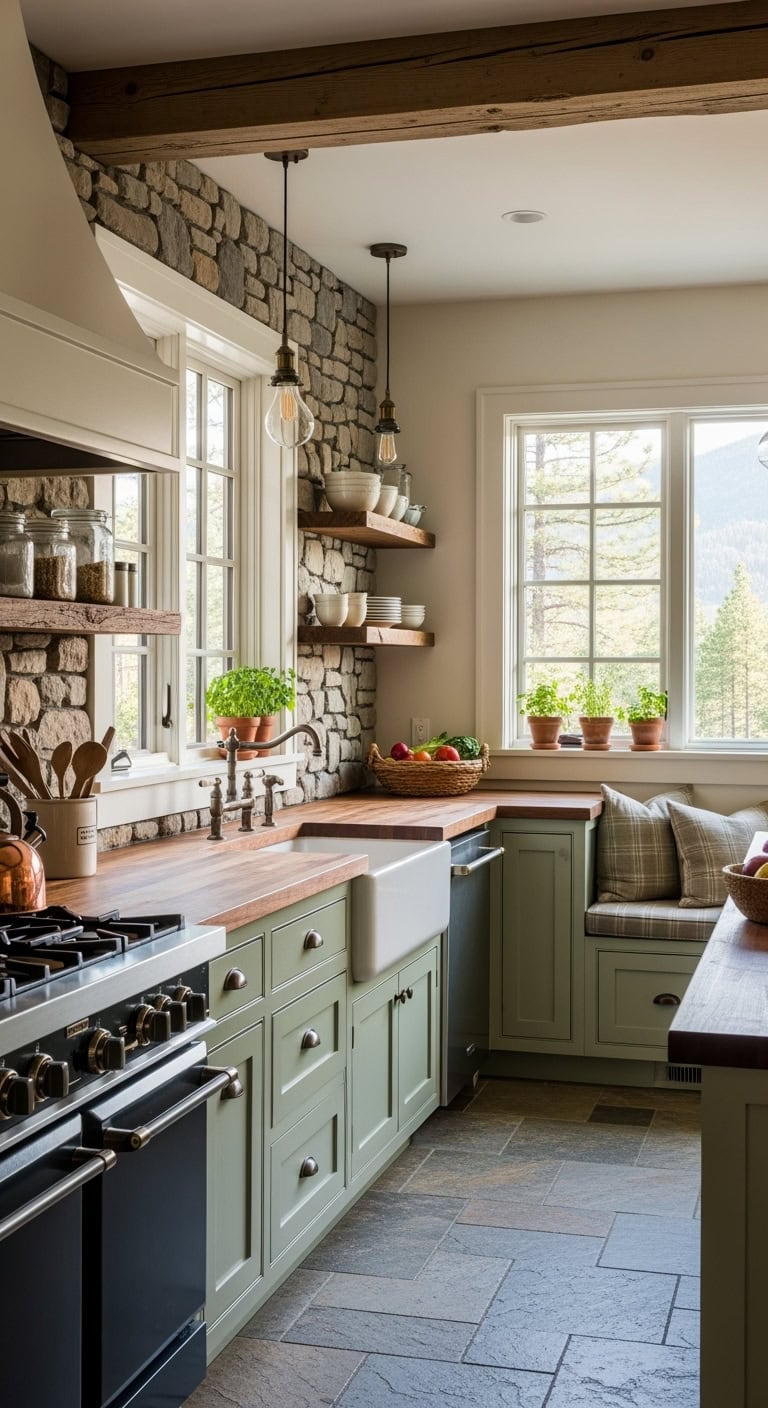 cozy rustic pistachio kitchen