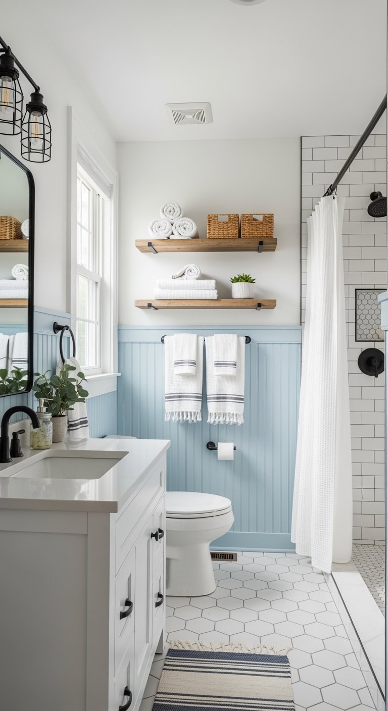 powder blue farmhouse bathroom vibe