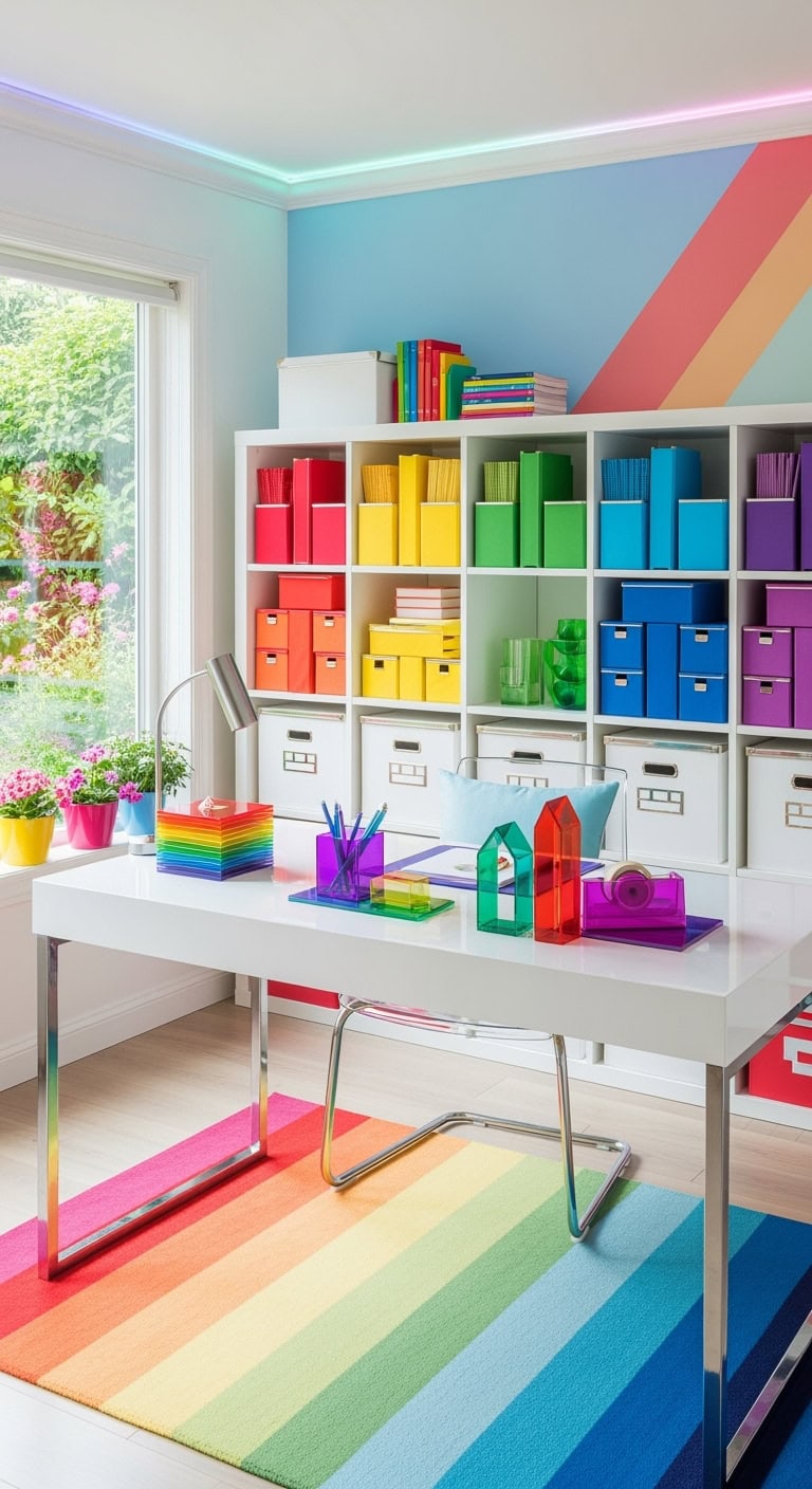 color coordinated rainbow office storage