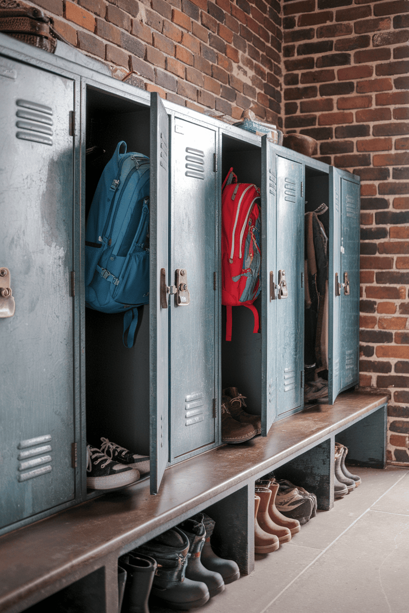 Vintage lockers in a mudroom with backpacks and shoes organized