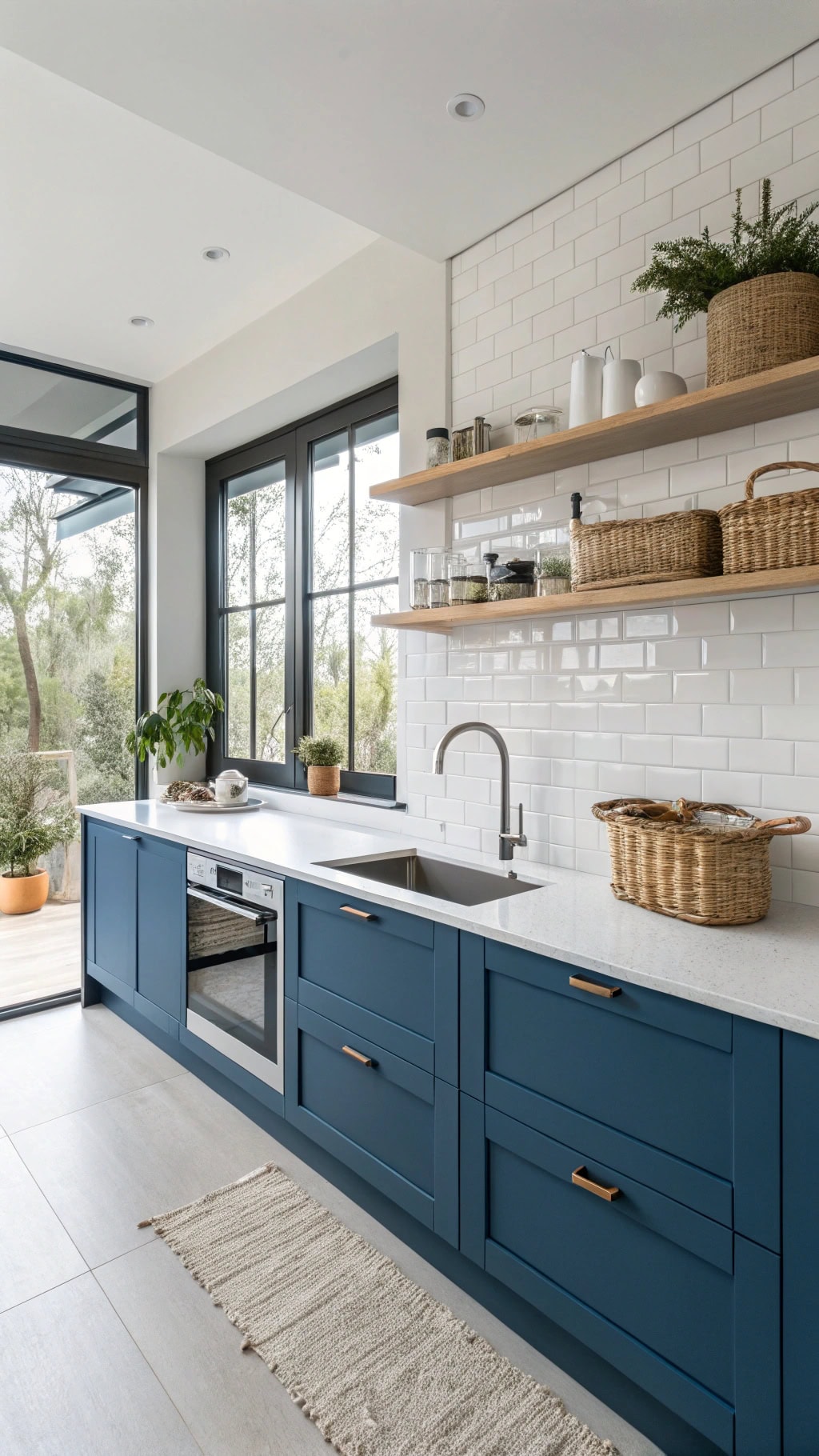 sleek handleless blue cabinets