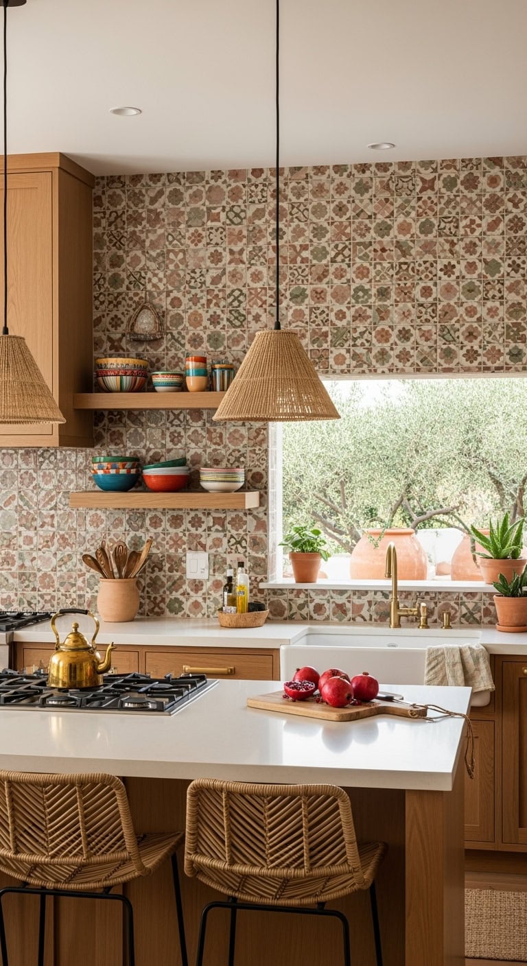 moroccan inspired geometric tile backsplash