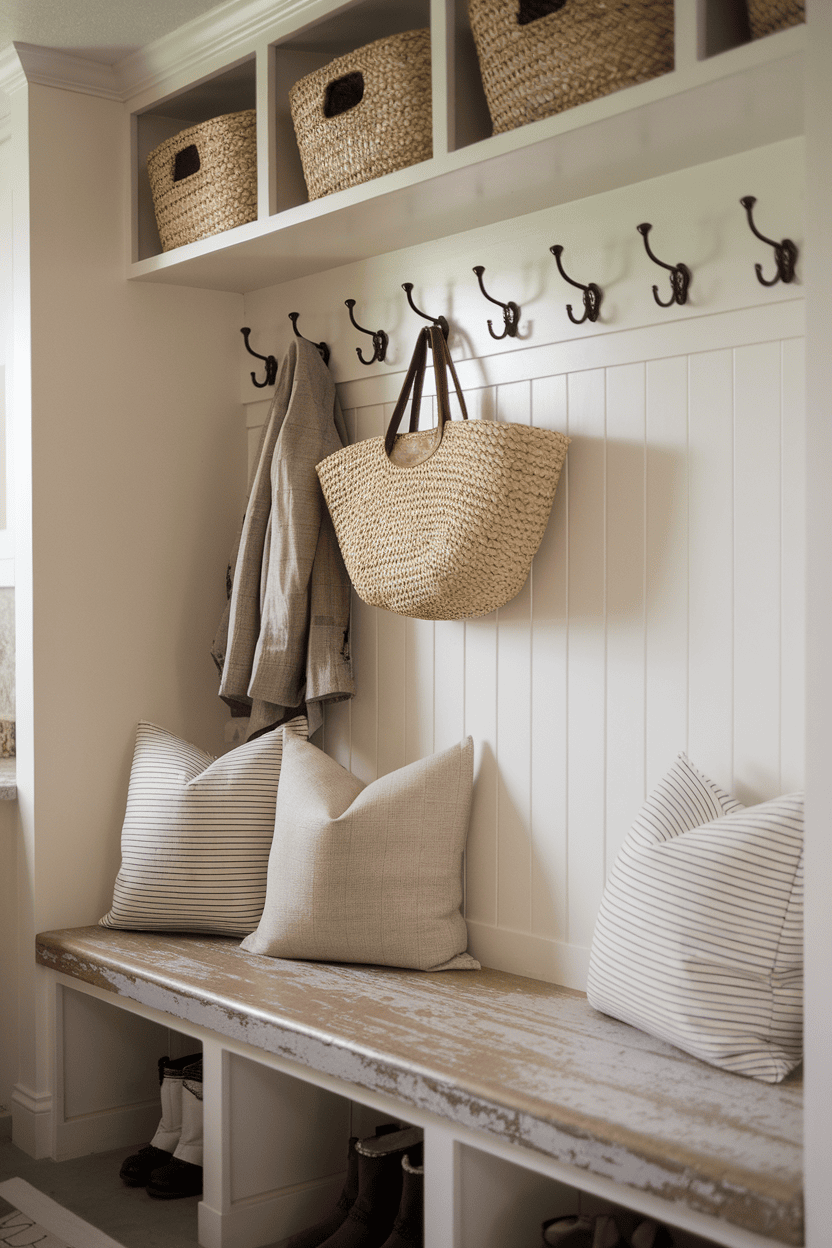 A vintage bench with pillows and hooks above it in a mudroom.