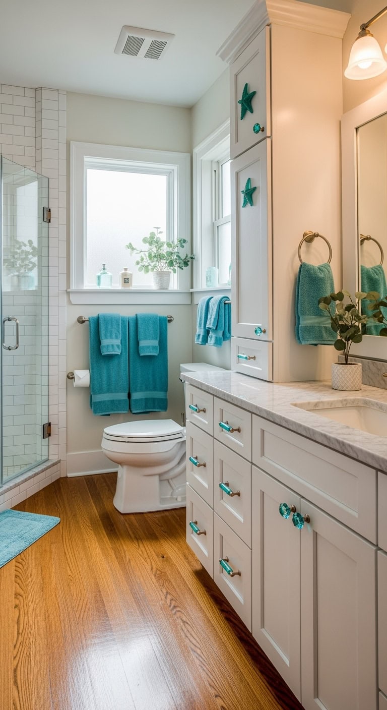 aqua cabinet hardware glams bathroom