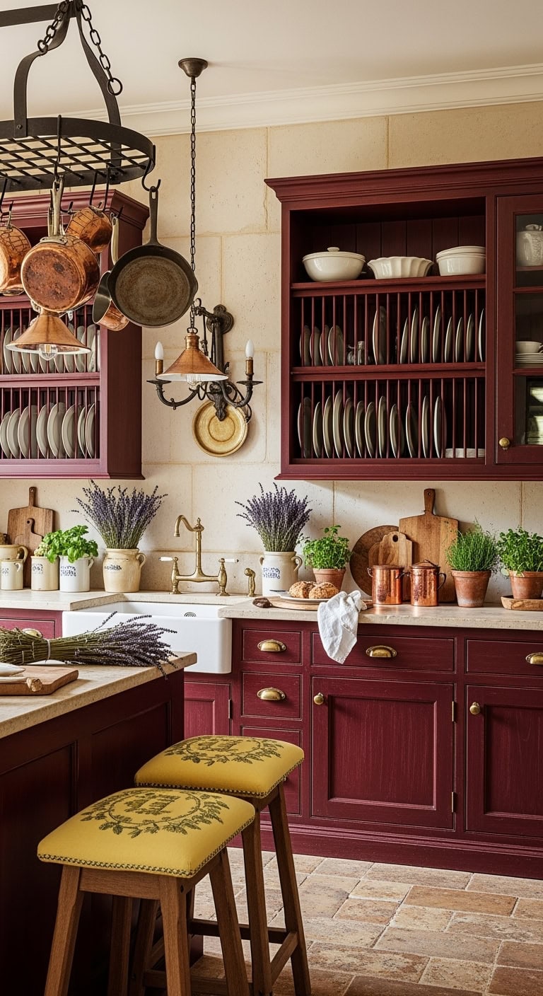 burgundy cabinets with vintage charm