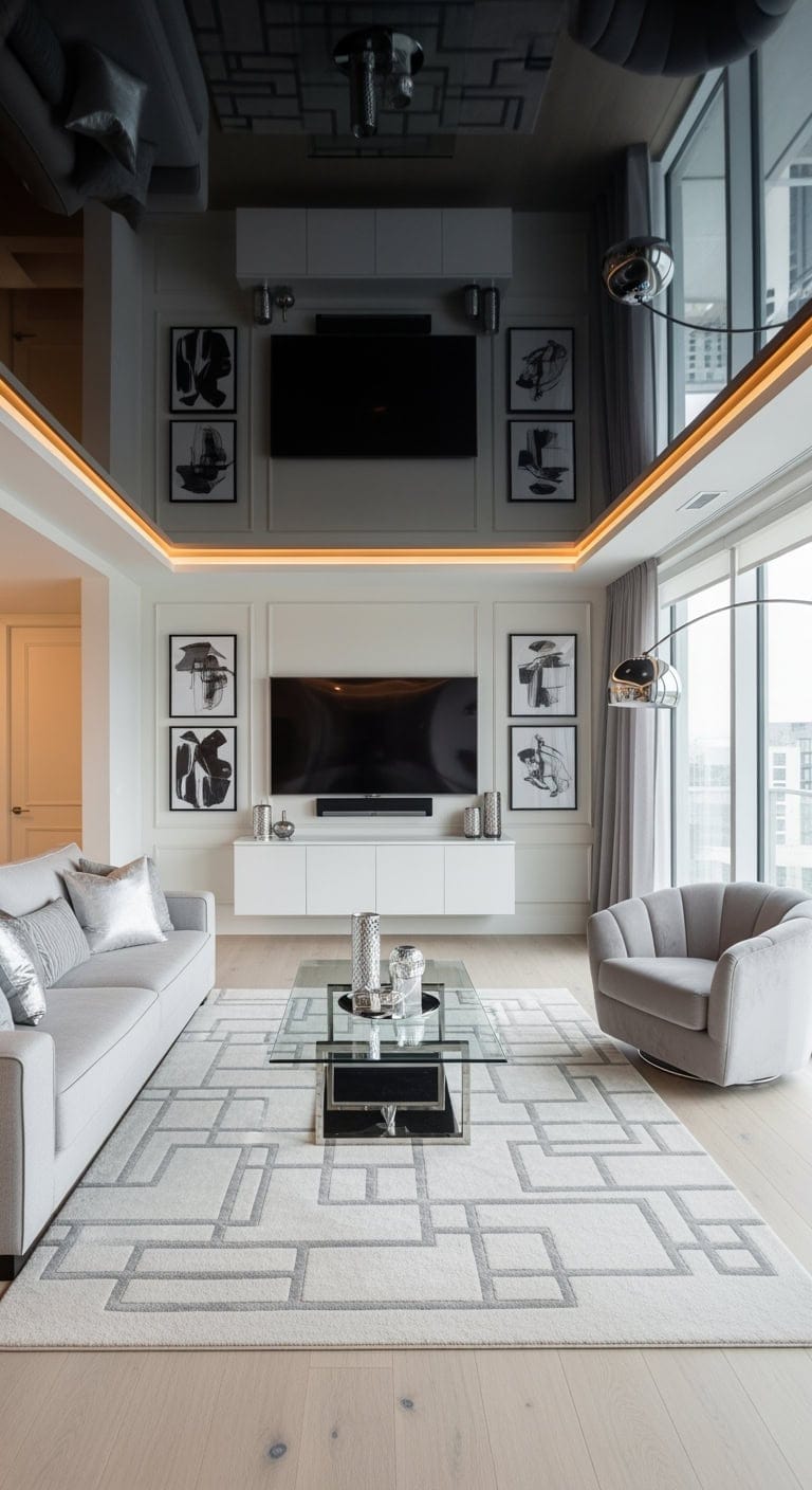 glossy black ceiling with leds