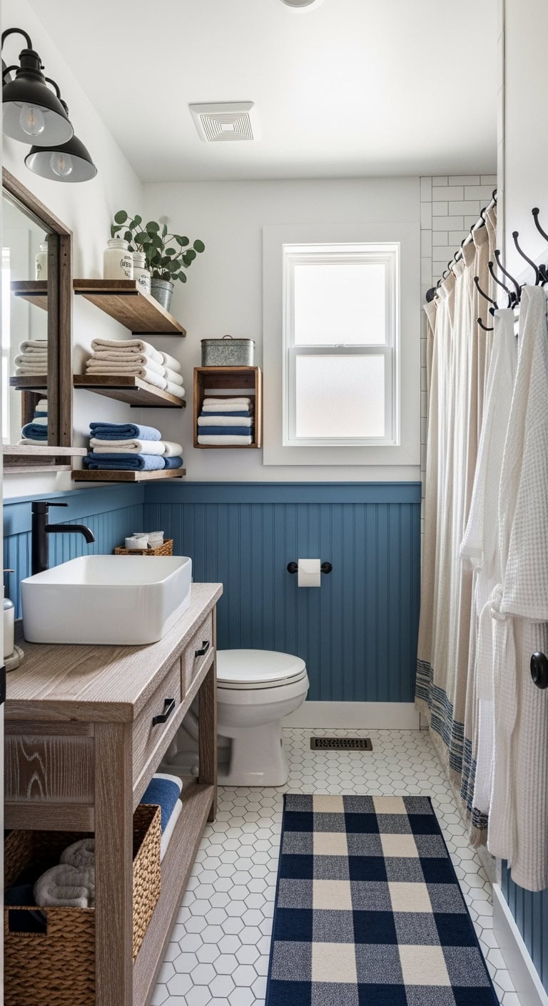denim blue farmhouse bathroom