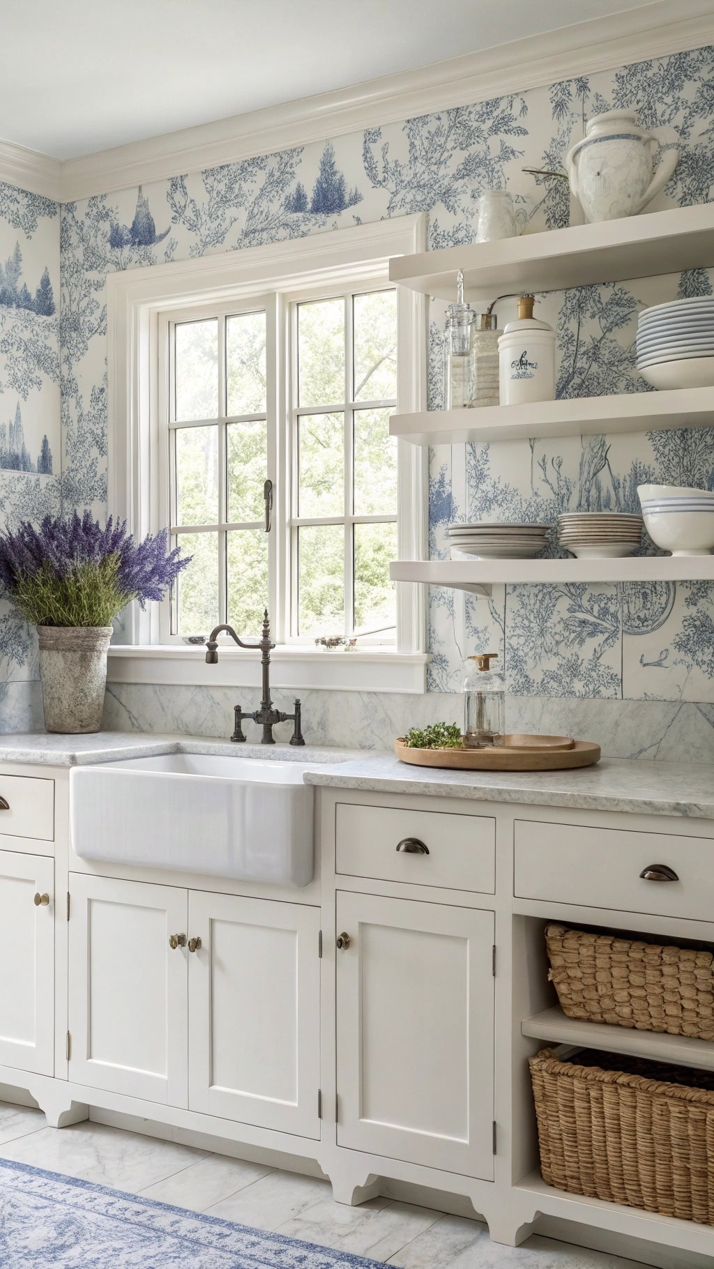 toile wallpaper kitchen accents