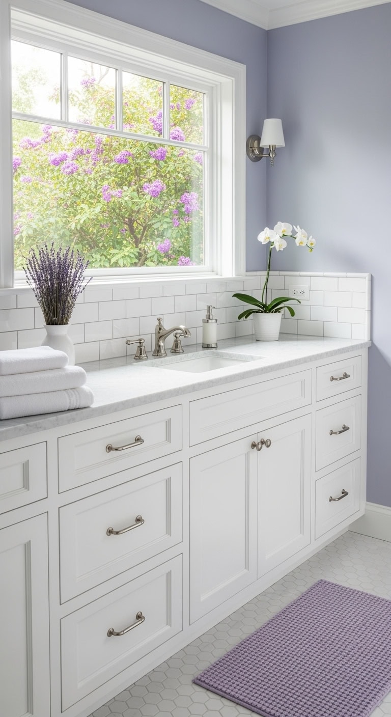 lavender accented white bathroom design