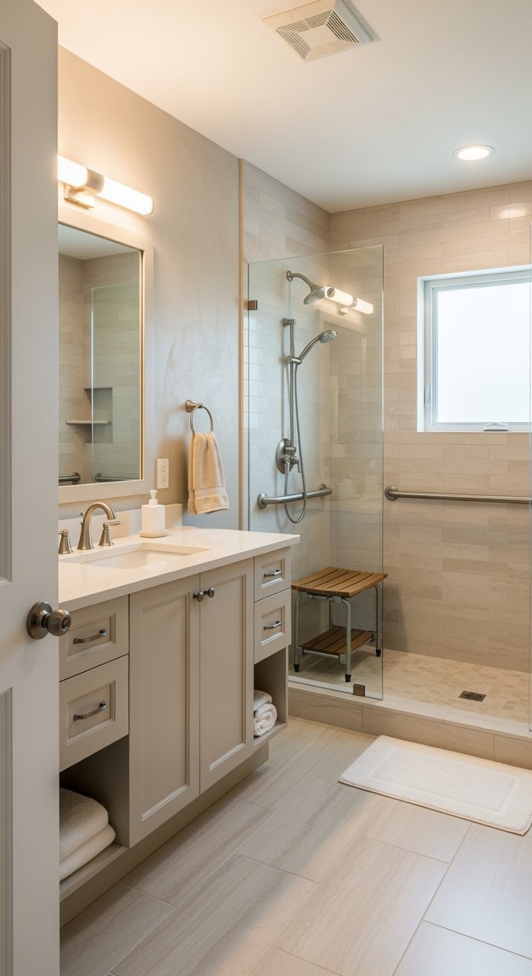 accessible chic beige bathroom design
