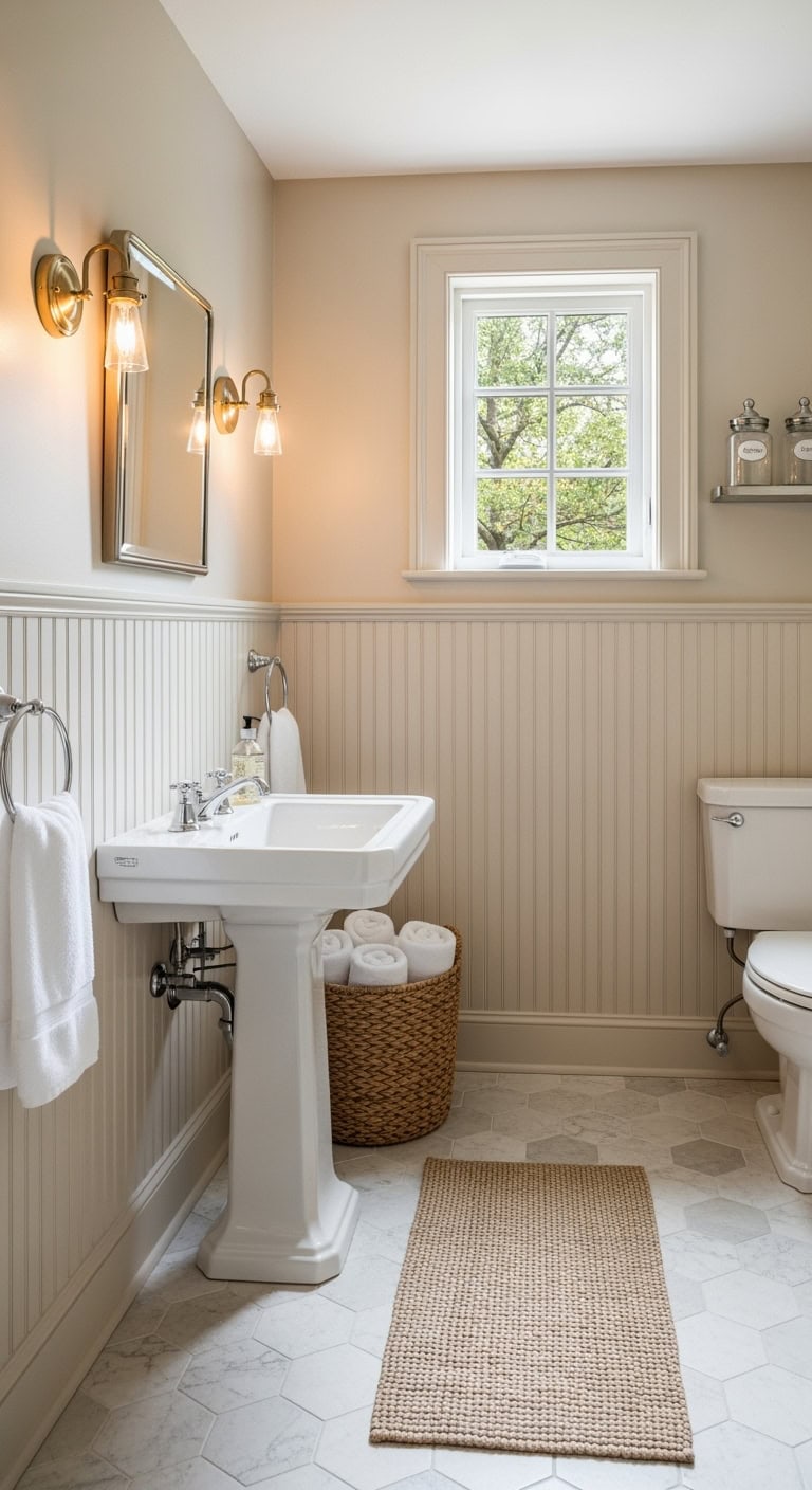 timeless beige wainscoted powderroom