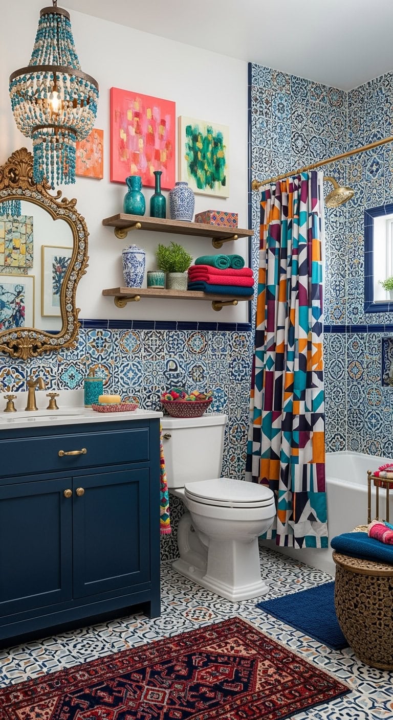 eclectic blue maximalist bathroom
