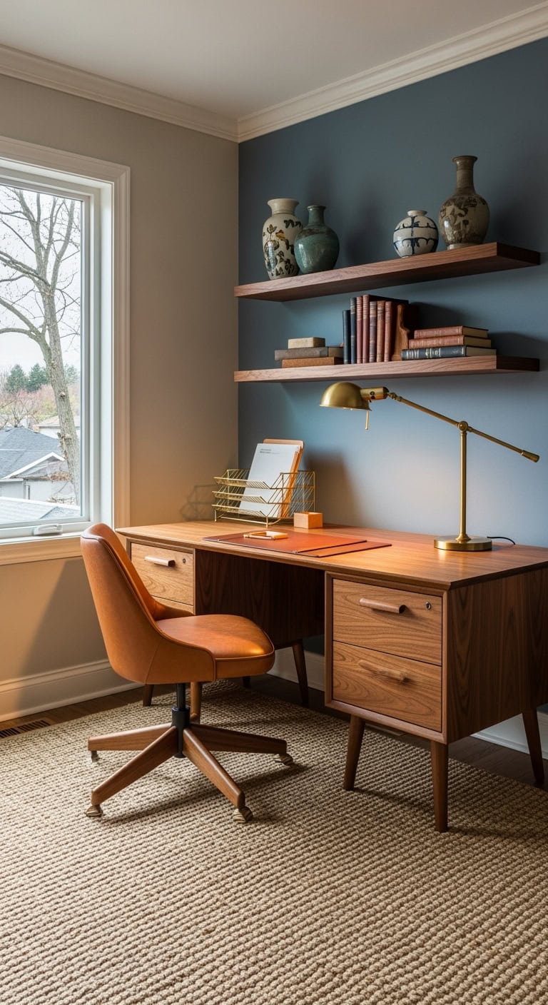 mid century walnut corner workspace