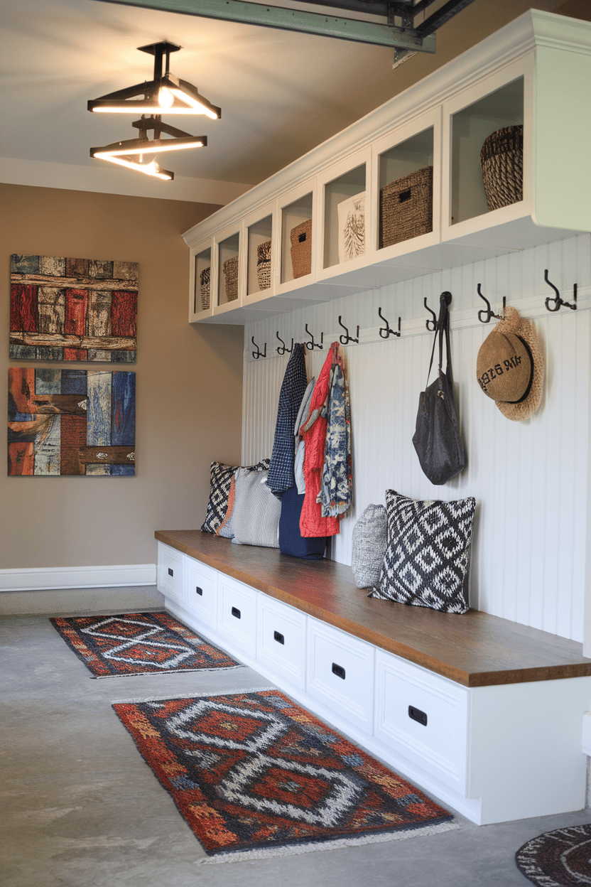 Stylish garage mudroom with storage, hooks, and decorative elements.