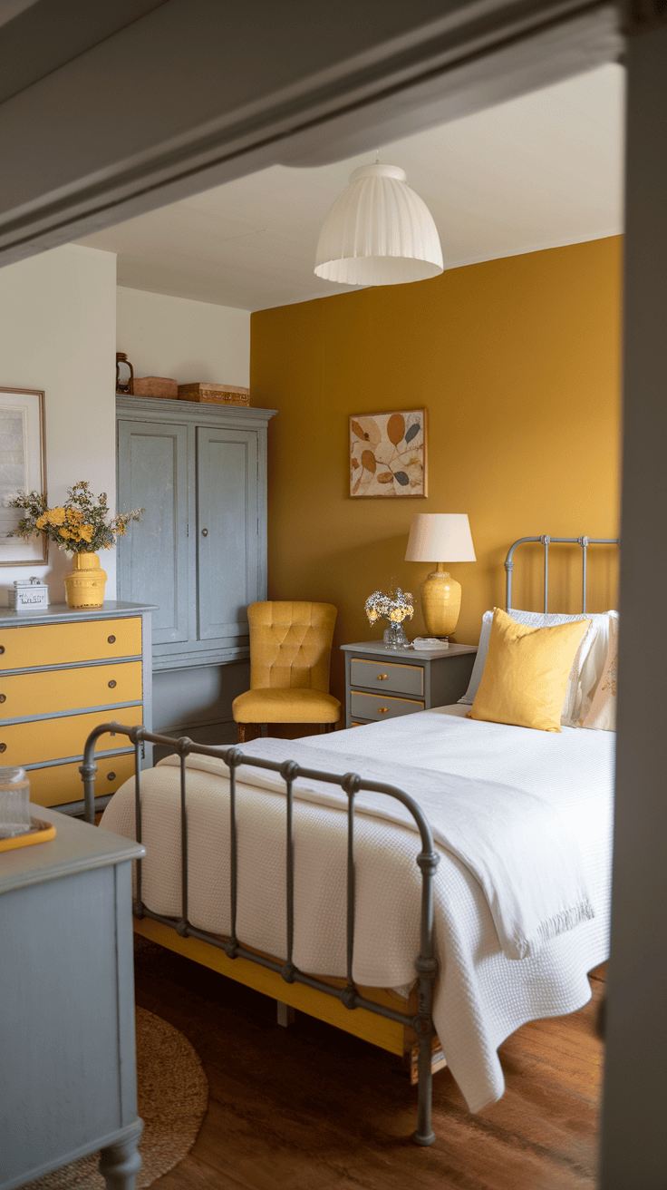 A cozy yellow and grey farmhouse bedroom featuring vintage furniture.