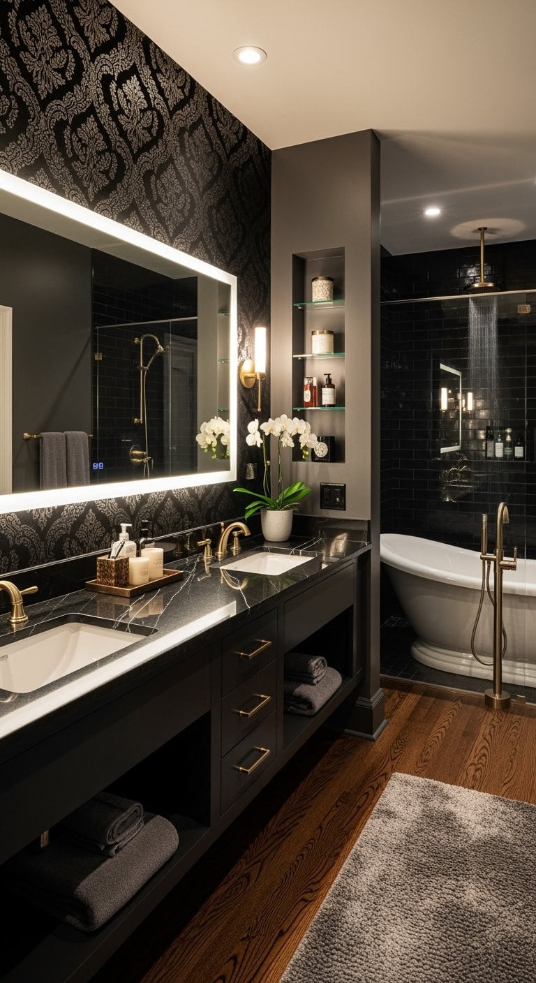 luxurious dramatic textured bathroom wallpaper