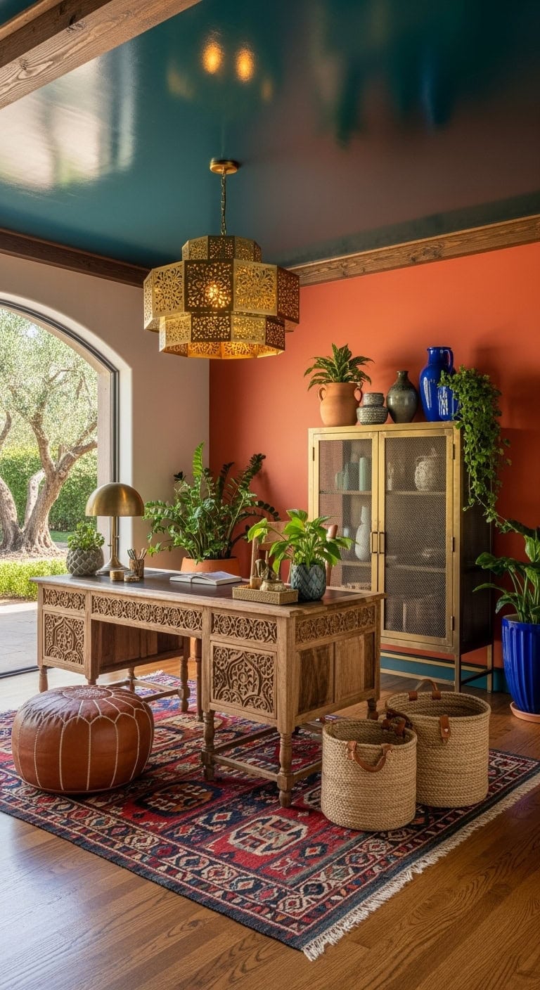 moroccan inspired carved wood workspace