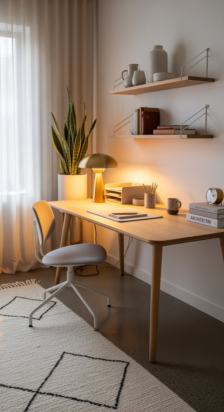 scandinavian minimalist birch desk setup
