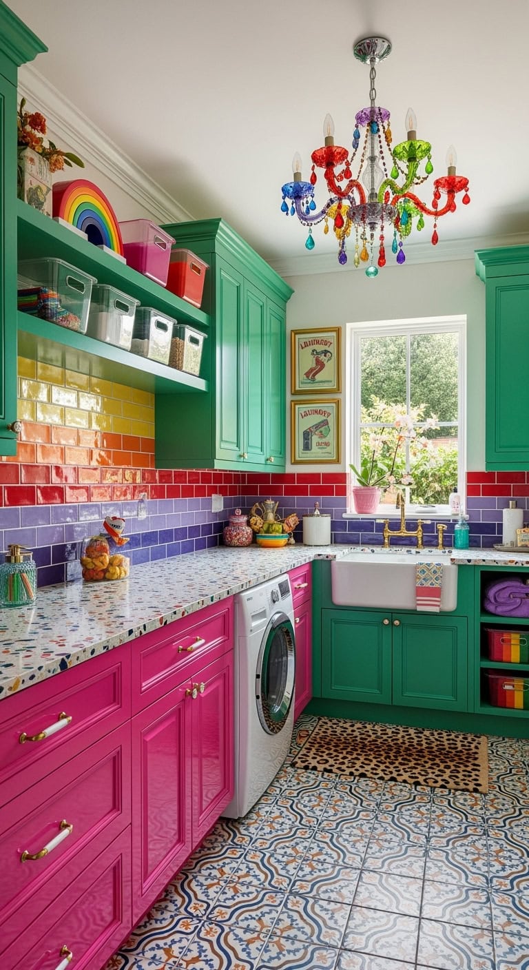 maximalist rainbow patterned laundry