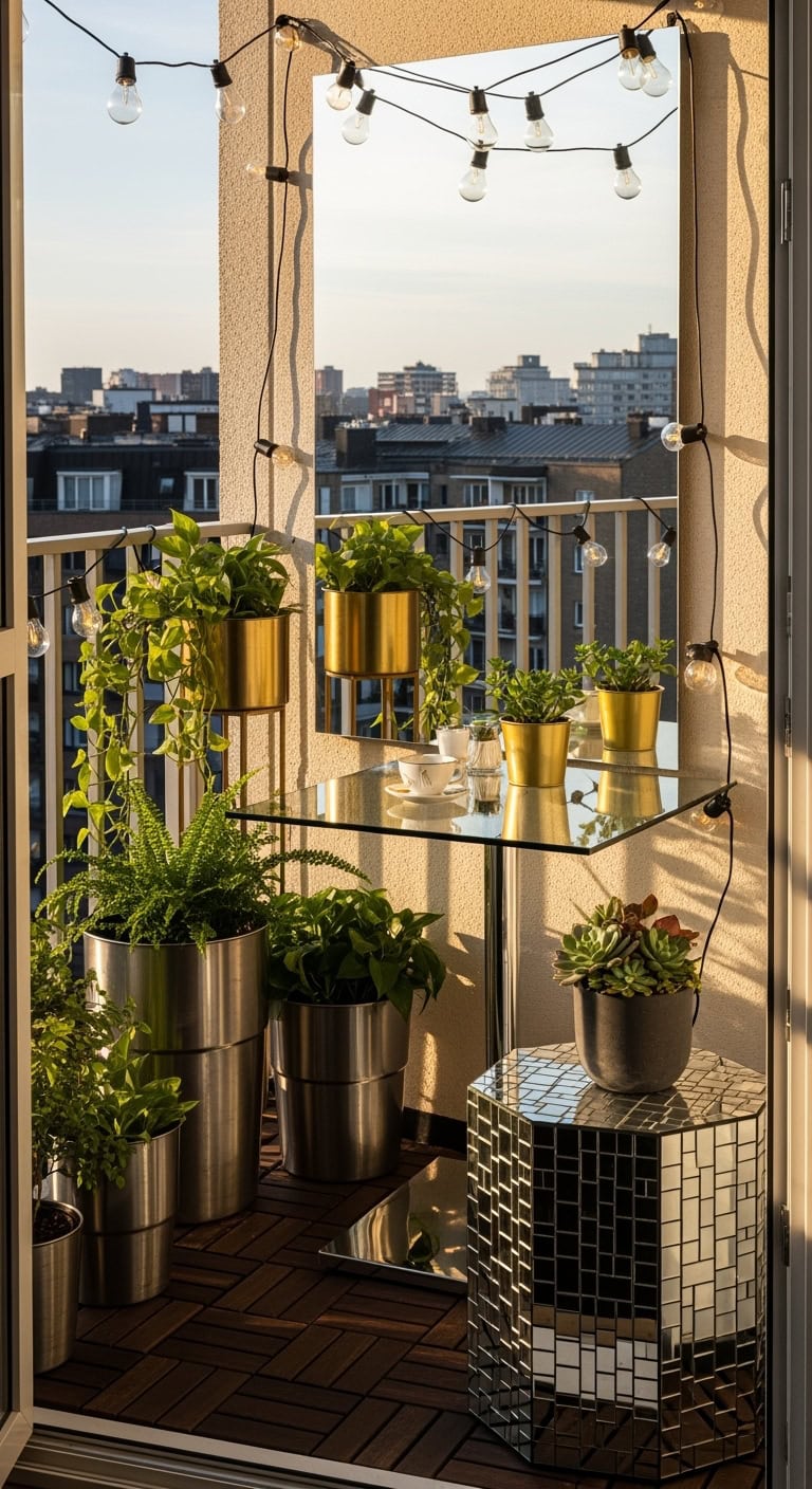 reflective mirrors enlarge narrow balcony