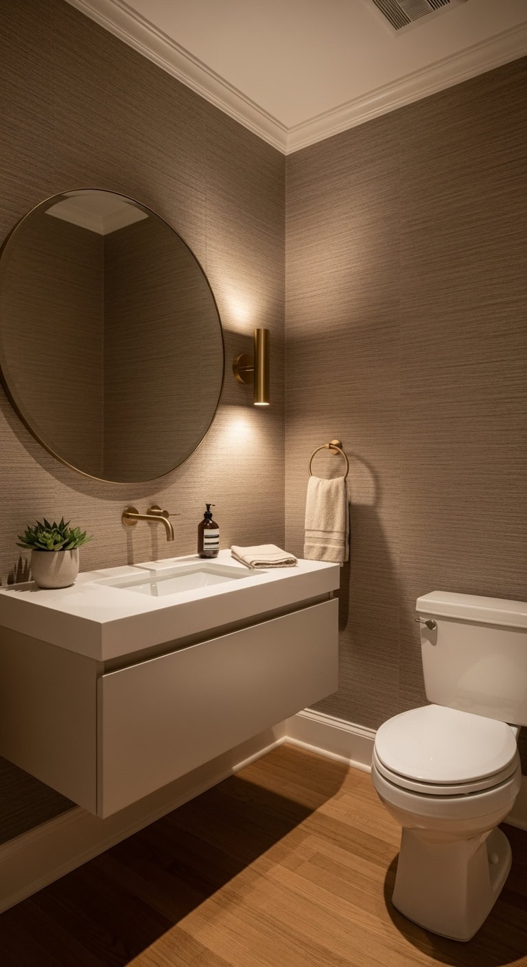 cozy beige powder room glamour