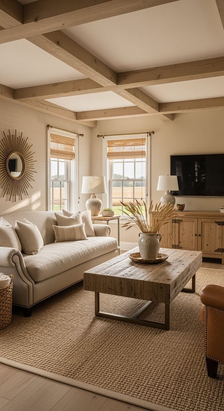 weathered beige farmhouse with gold