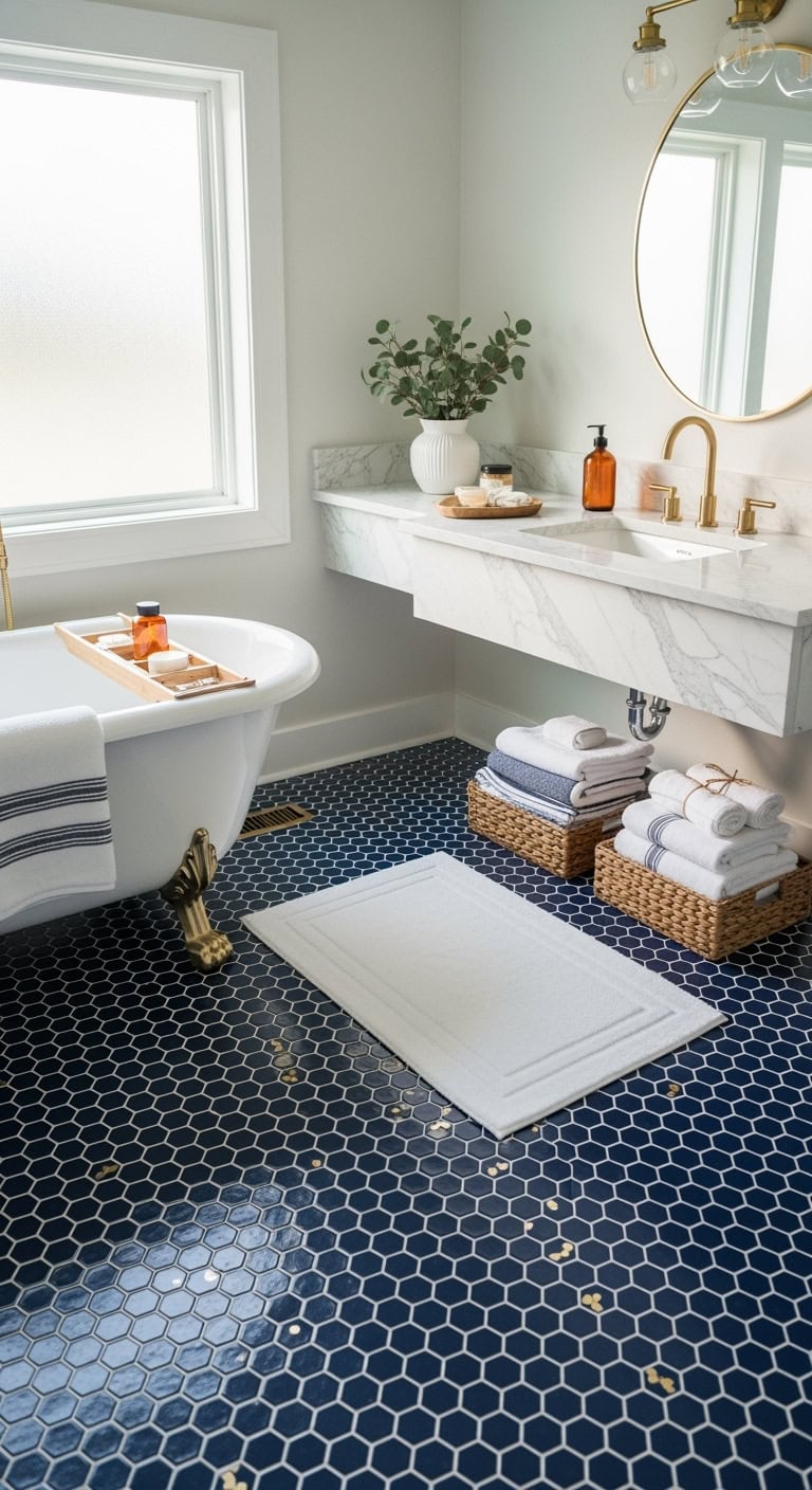 sophisticated spa like navy penny tiles