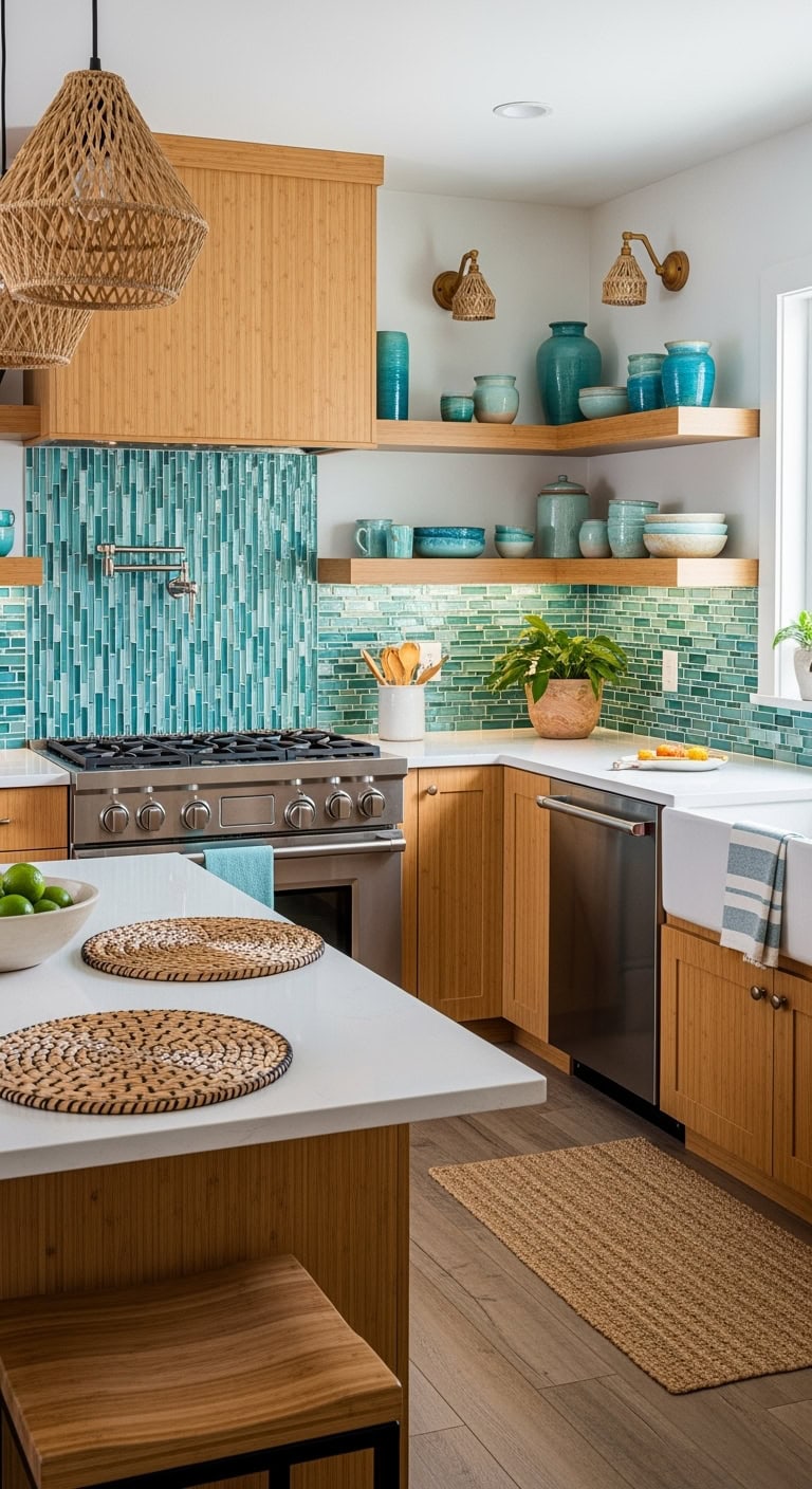 serene water inspired glass tile backsplash
