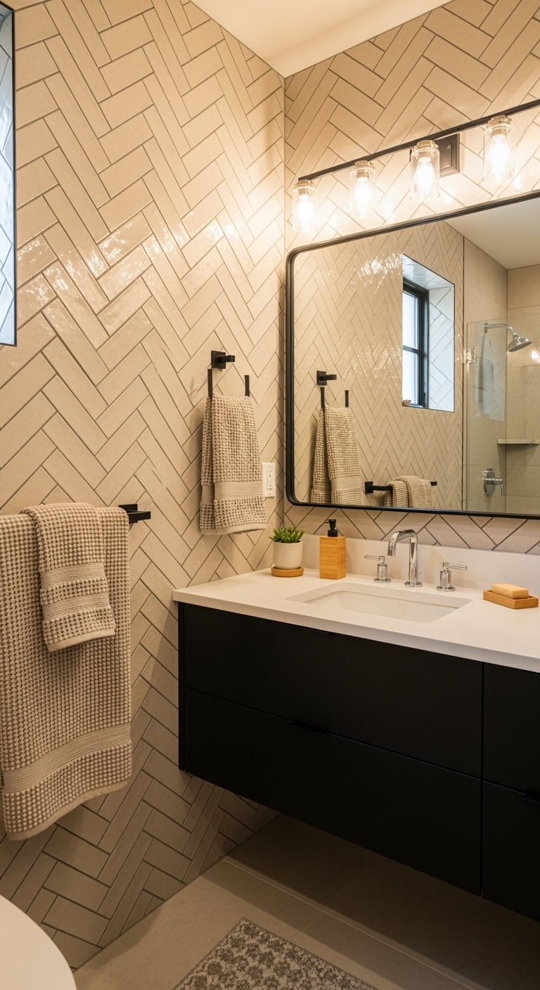 beige subway tile bathroom statement