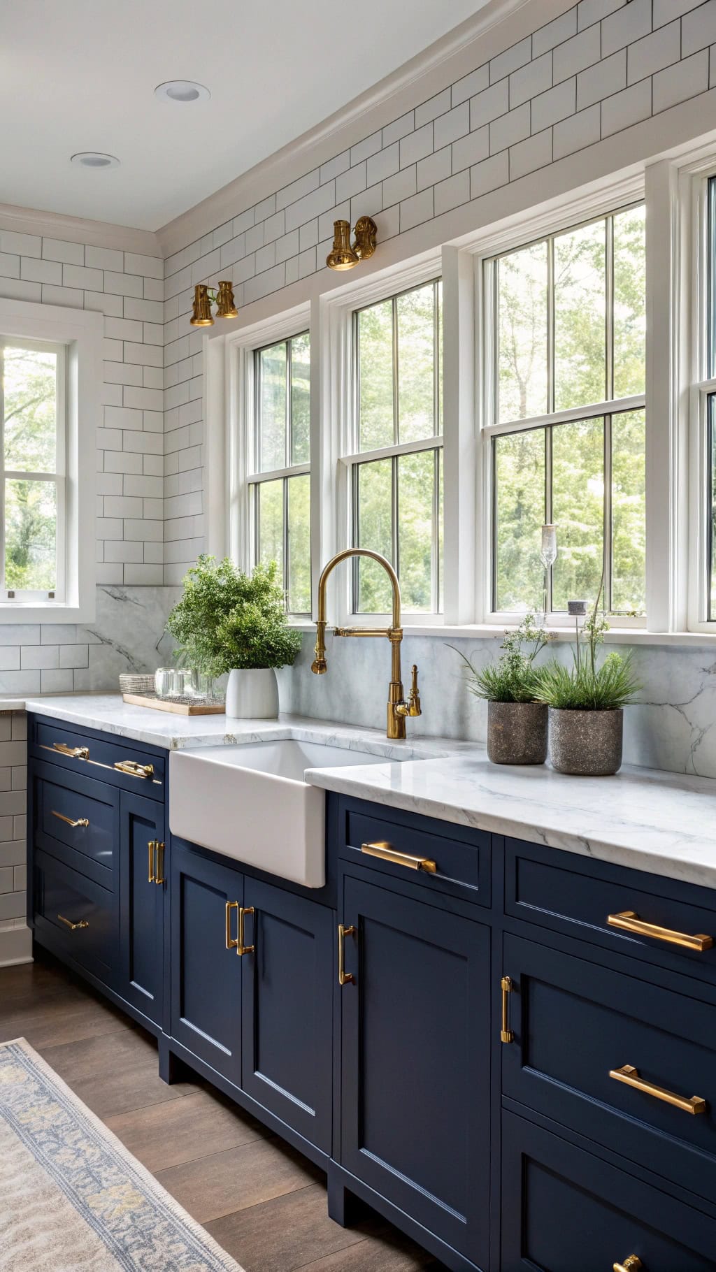 brass hardware enhances navy cabinets