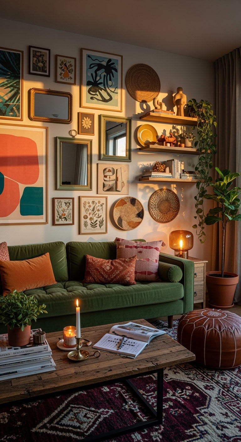 colorful layered gallery wall display