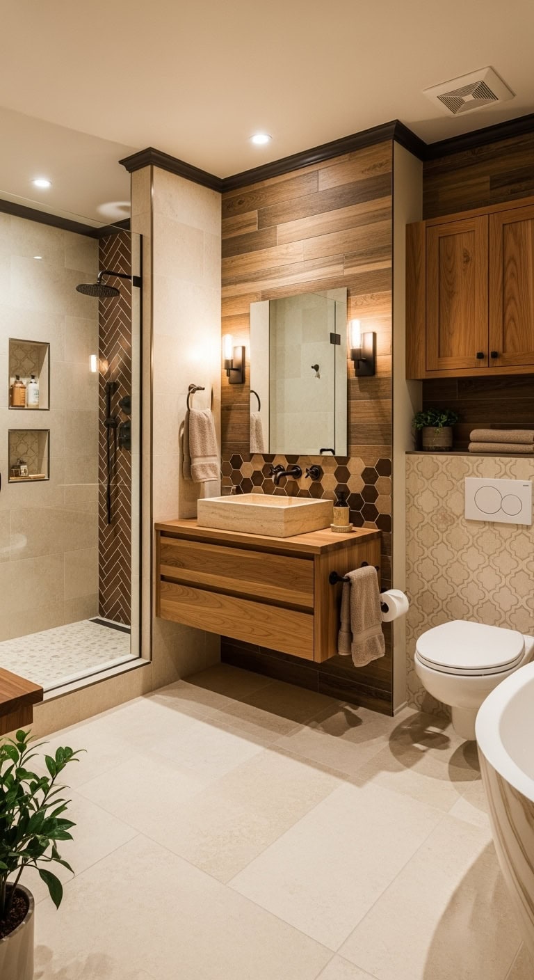 earthy tiled textured patterned bathroom