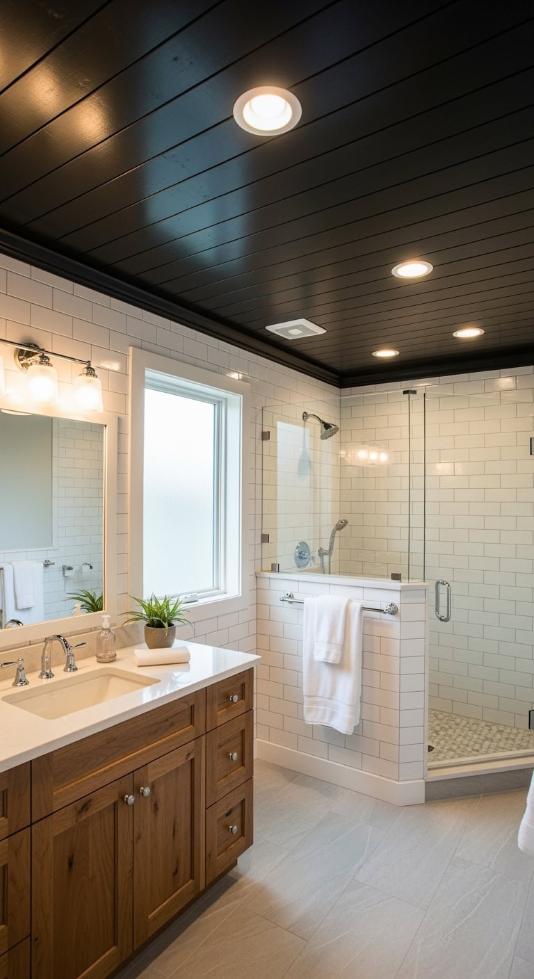 dramatic black shiplap ceiling design