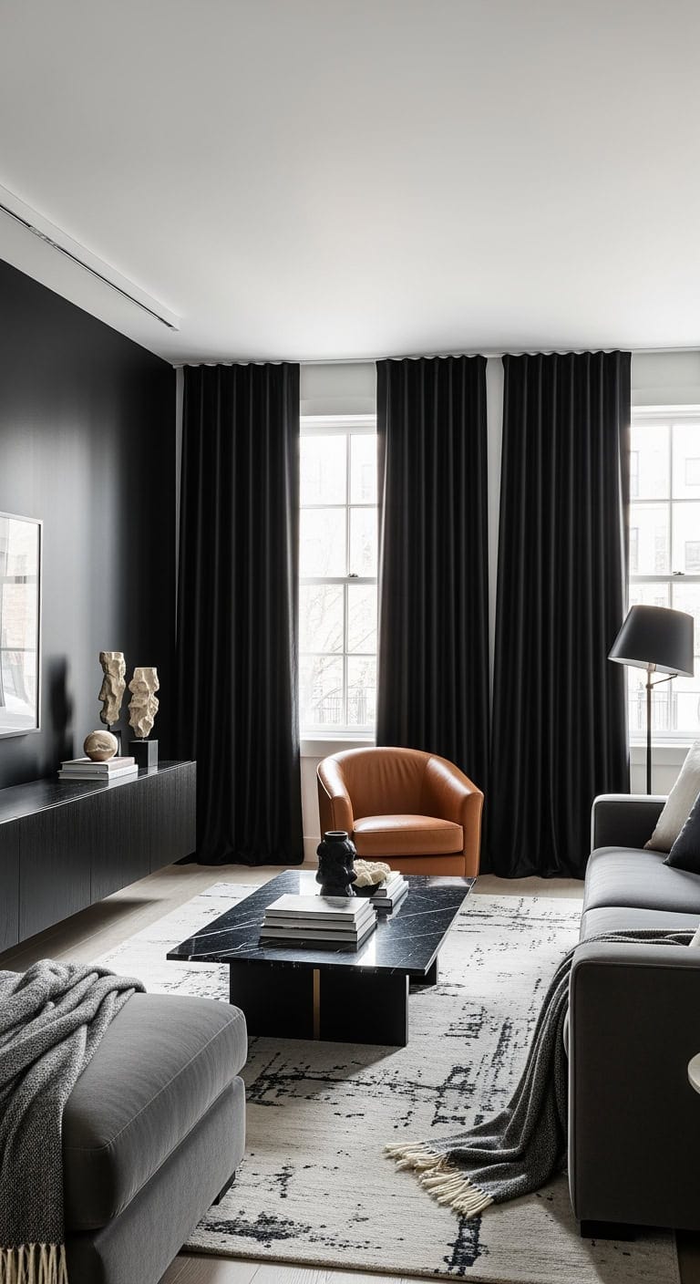 motorized black silk curtains