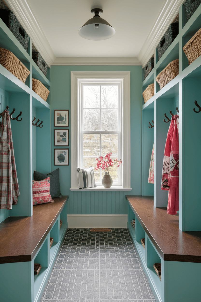 A narrow mudroom entryway with light blue walls, wooden benches, and a window with floral decorations.