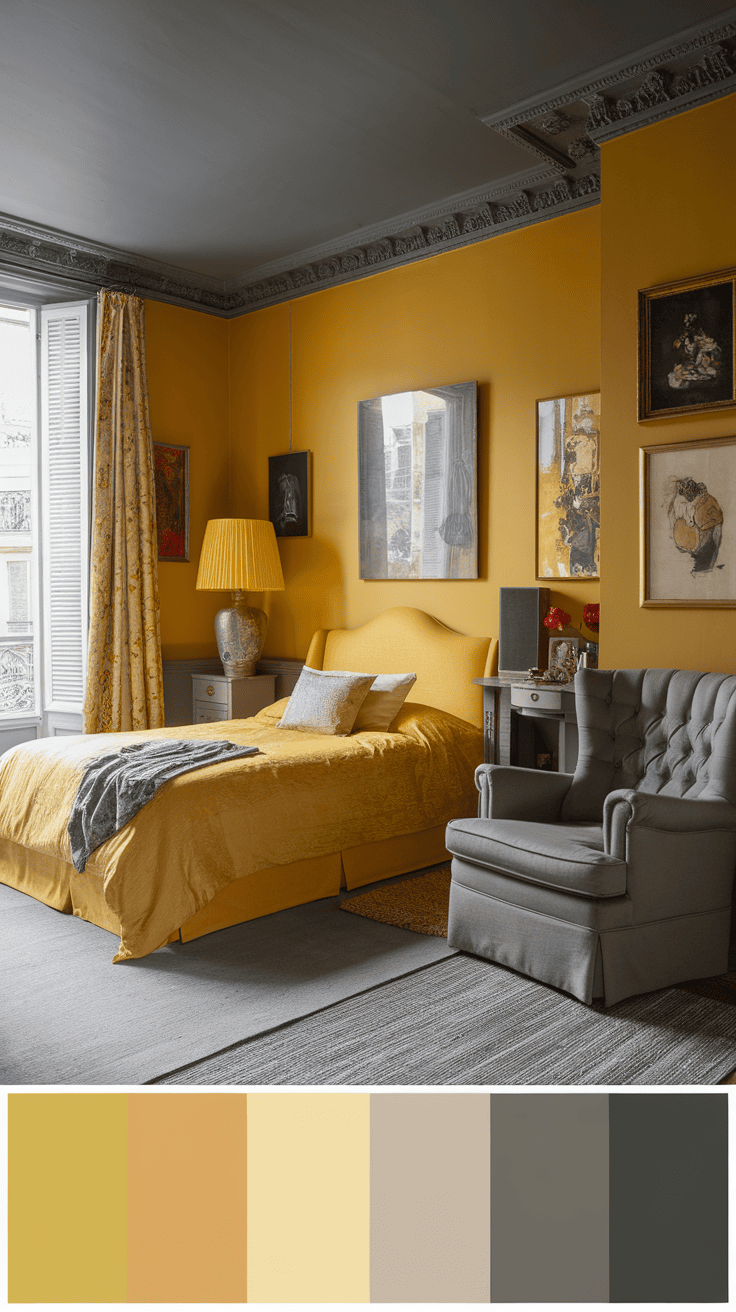 A stylish Parisian yellow bedroom featuring yellow walls, gray furniture, and warm decor.