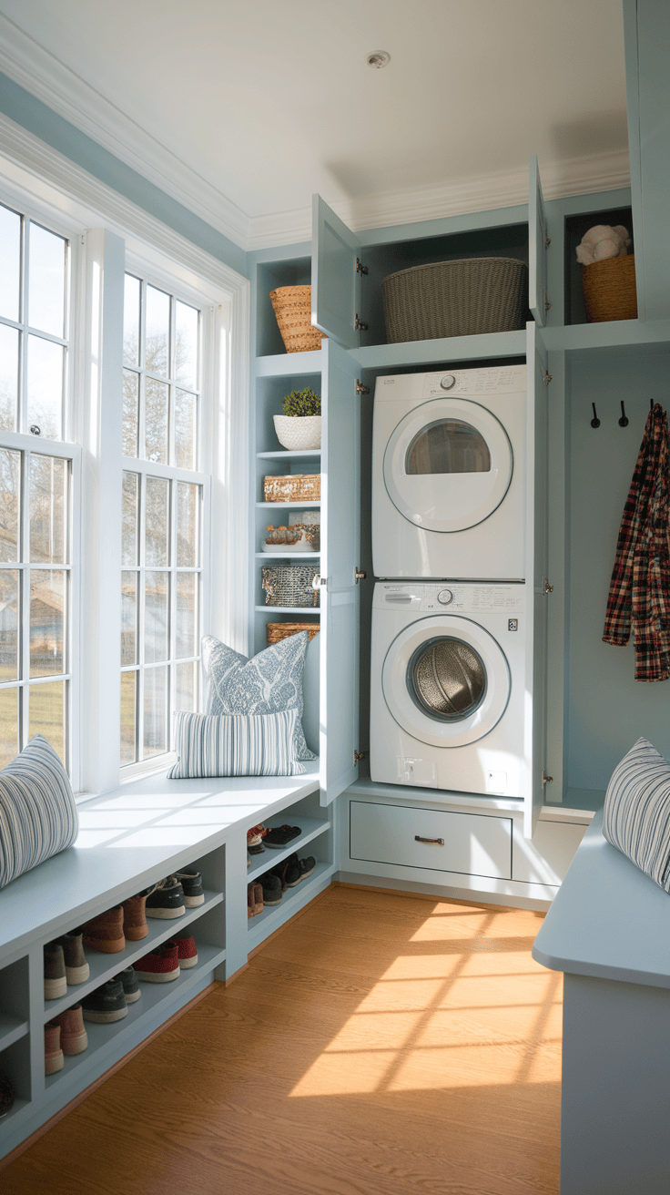 A bright and airy laundry room featuring a stacked washer and dryer, large windows, and a cozy seating area.