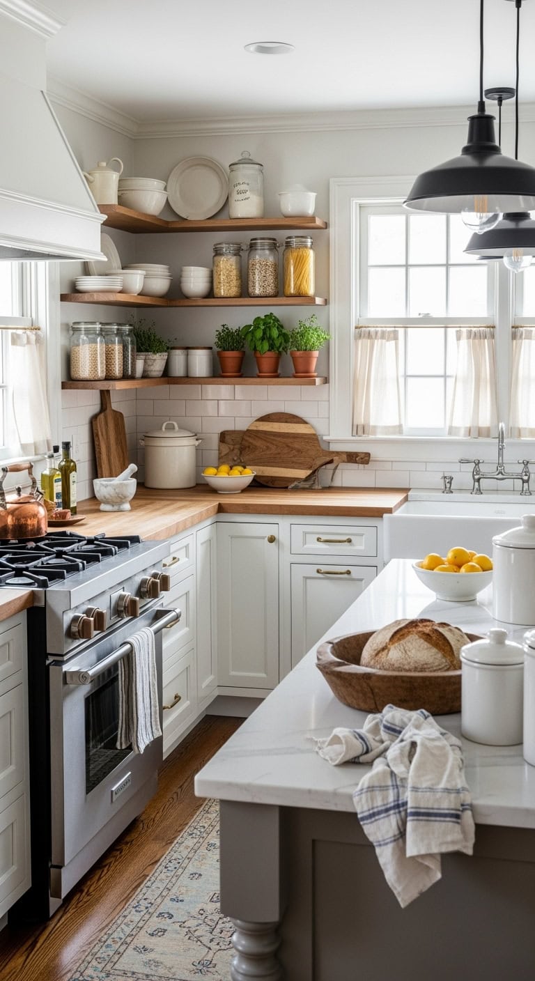 farmhouse inspired open shelving display solutions