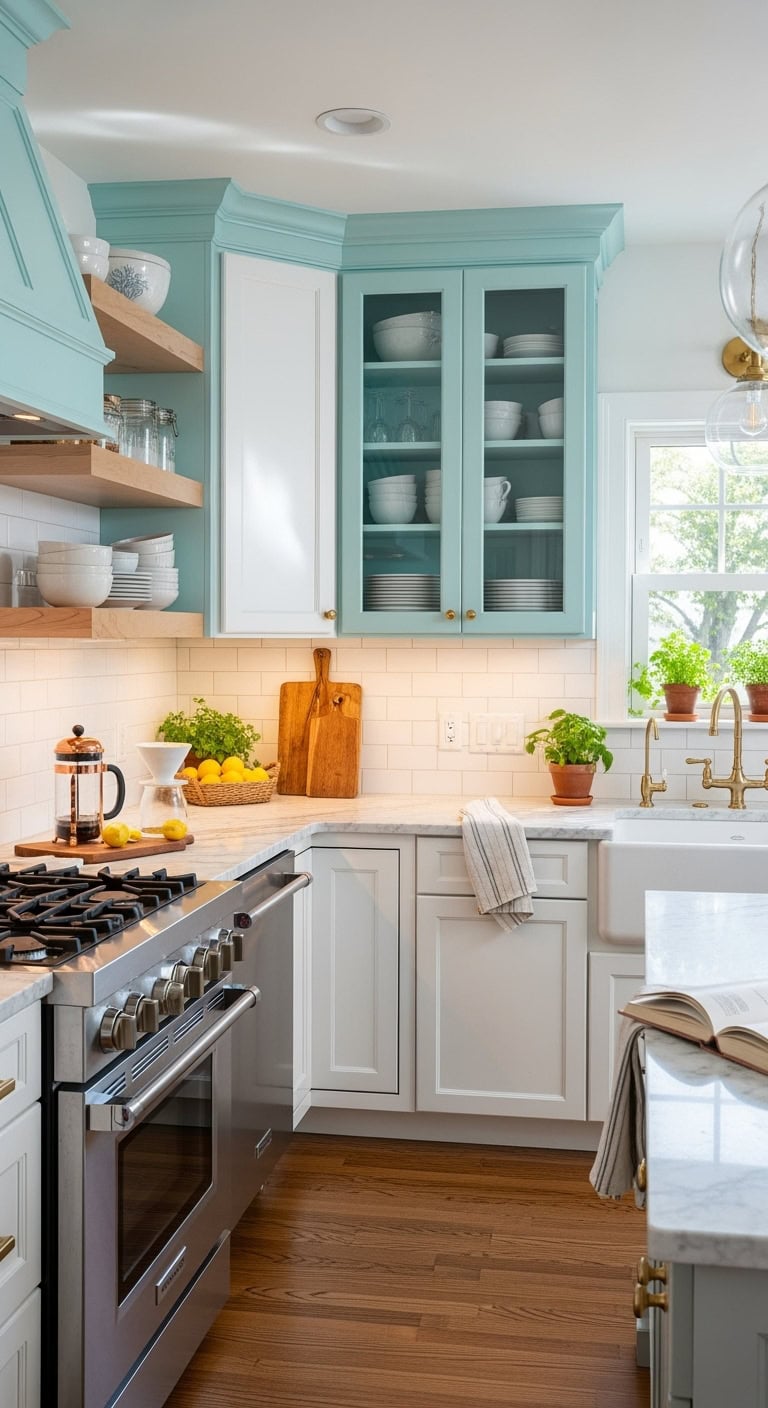 calming soft turquoise kitchen cabinets
